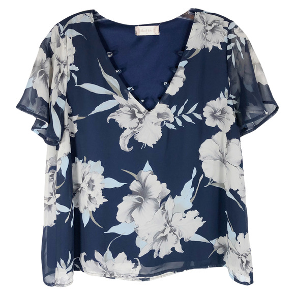 Altard State Medium Top Floral Navy Blue V Neck Short Flutter Sleeve Lined‎ 1215 - Picture 1 of 7